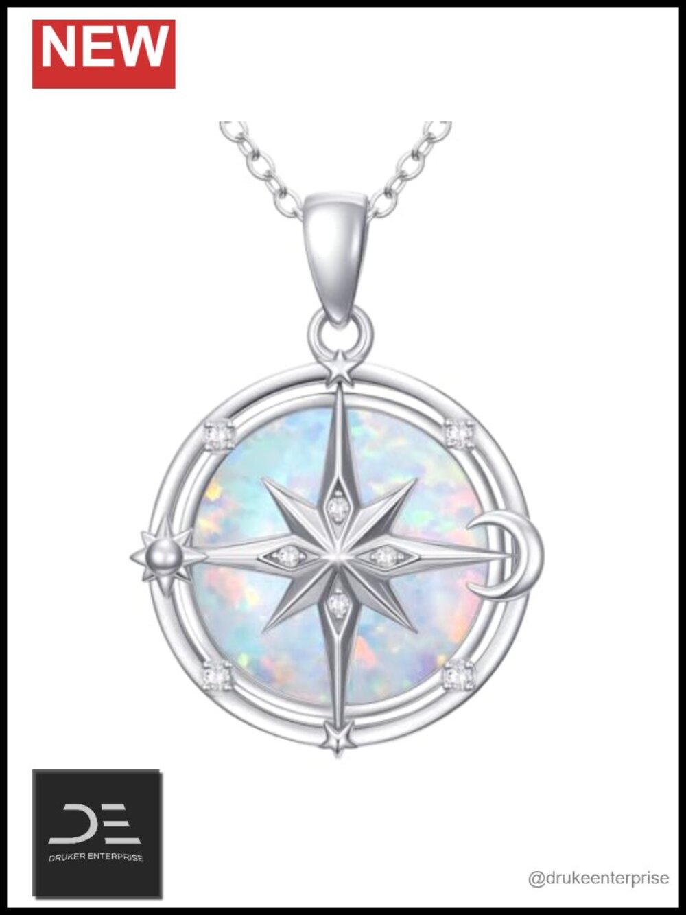 925 Sterling Silver Compass Pendant Necklace with Opal and Diamond Accents
